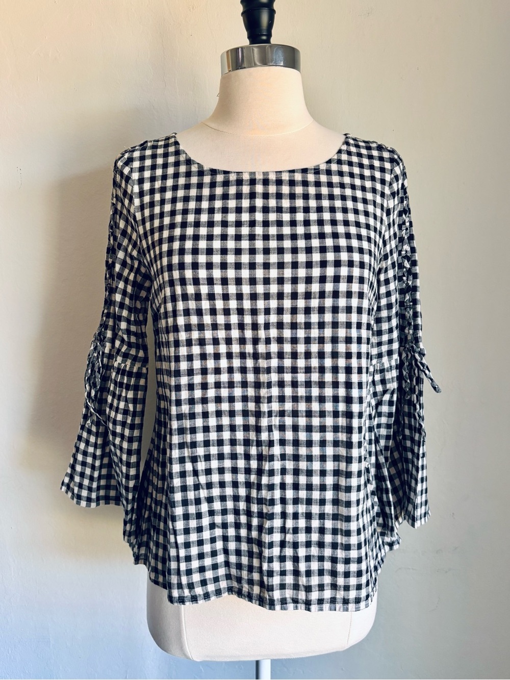 Madewell Black and White Gingham 3/4 Tie-Sleeve Cotton Blouse, Sz S Cottagecore